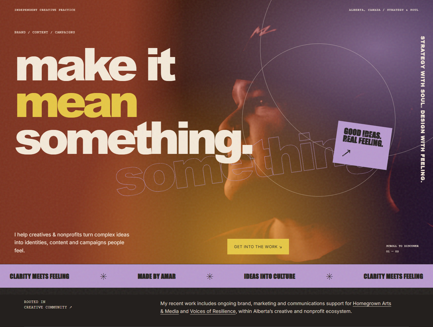 The Made by Amar homepage showing its positioning, Homegrown creative and work-first structure