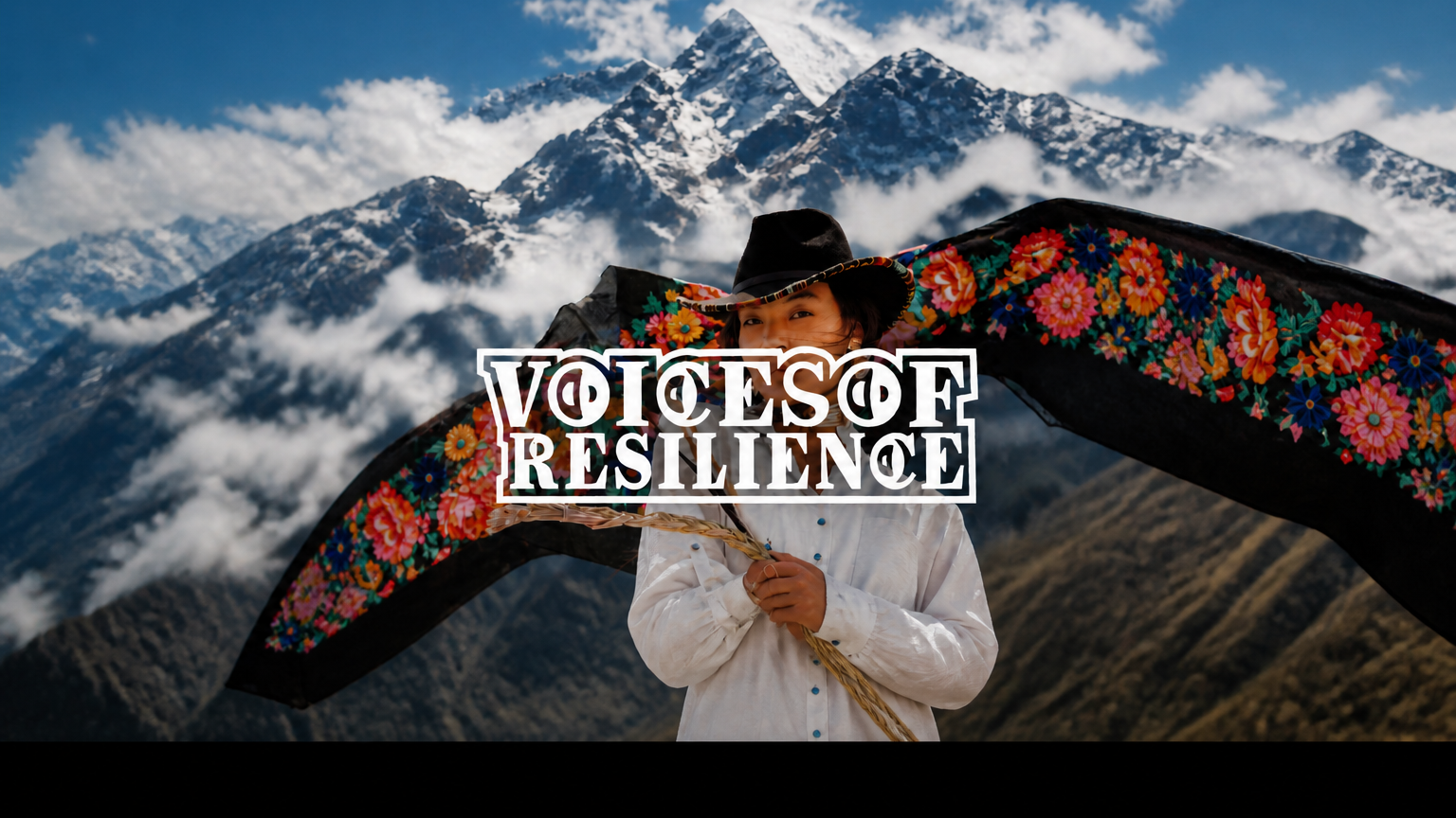 Voices of Resilience artwork with bold lettering over a mountain landscape and a person holding flowers